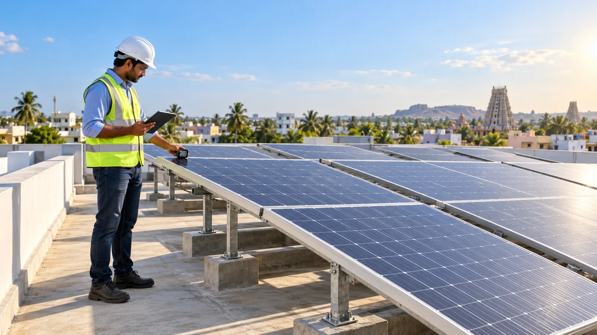 Solar engineer measuring panel tilt and direction on a Tamil Nadu rooftop