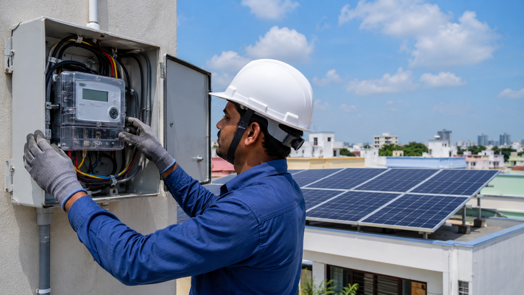 Chennai rooftop solar system with grid inverter and home battery inspected by an engineer