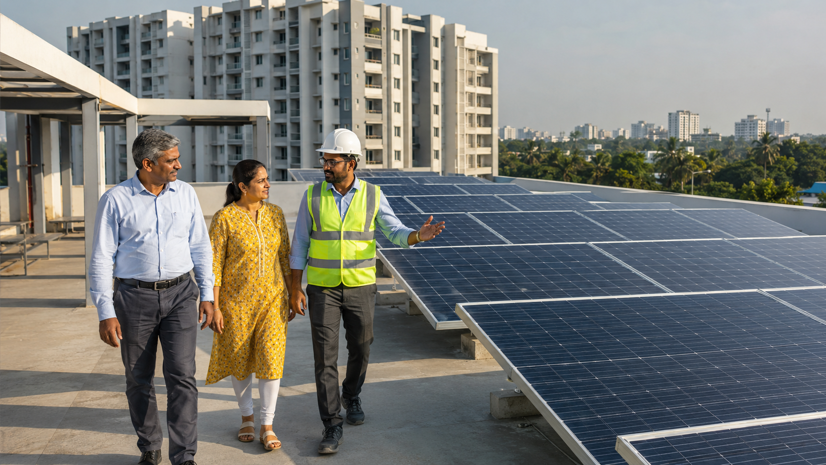 Chennai apartment association and solar engineer reviewing rooftop panels for common-area electricity