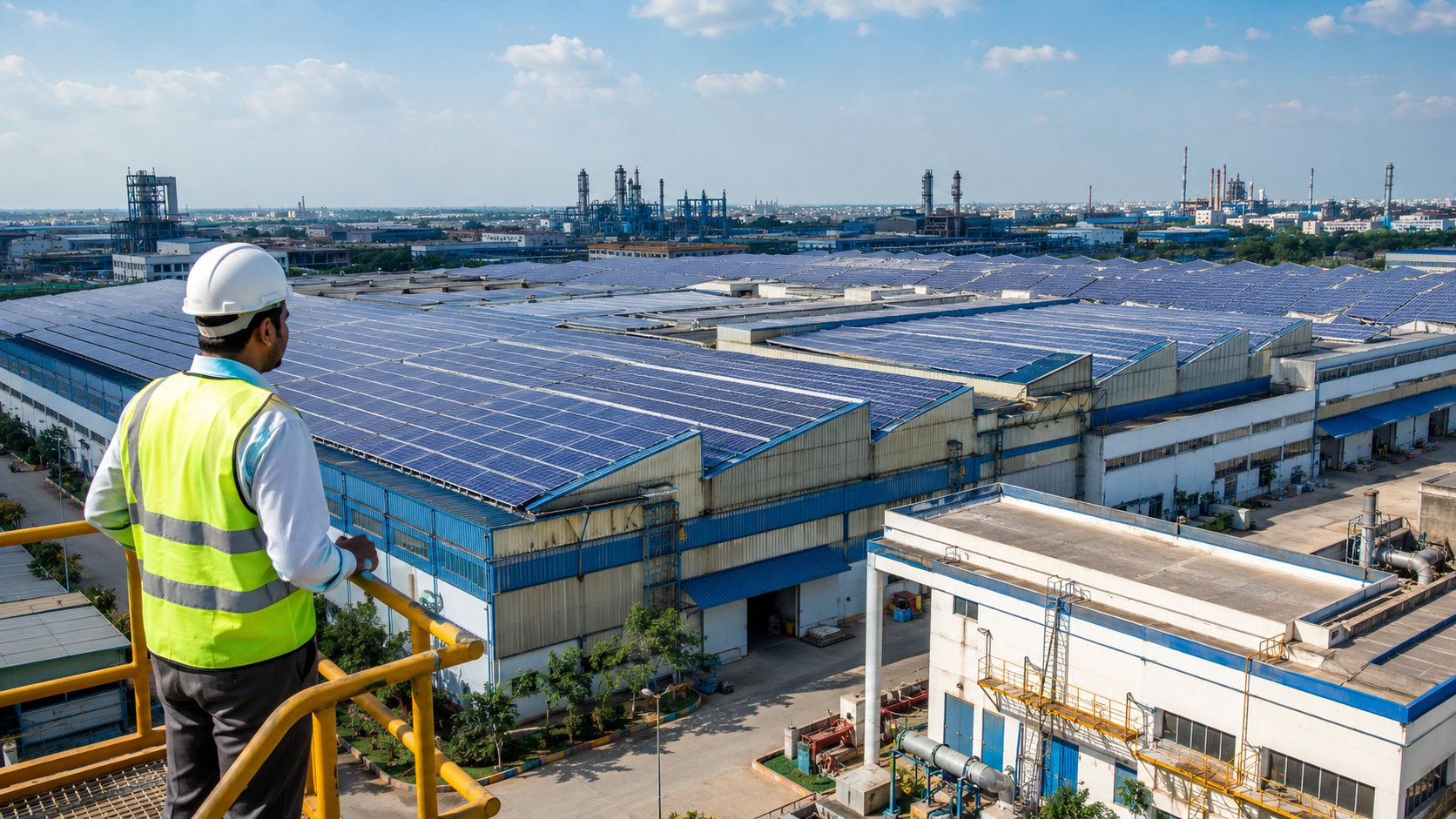 Energy engineer overlooking a Chennai factory roof covered with industrial solar panels