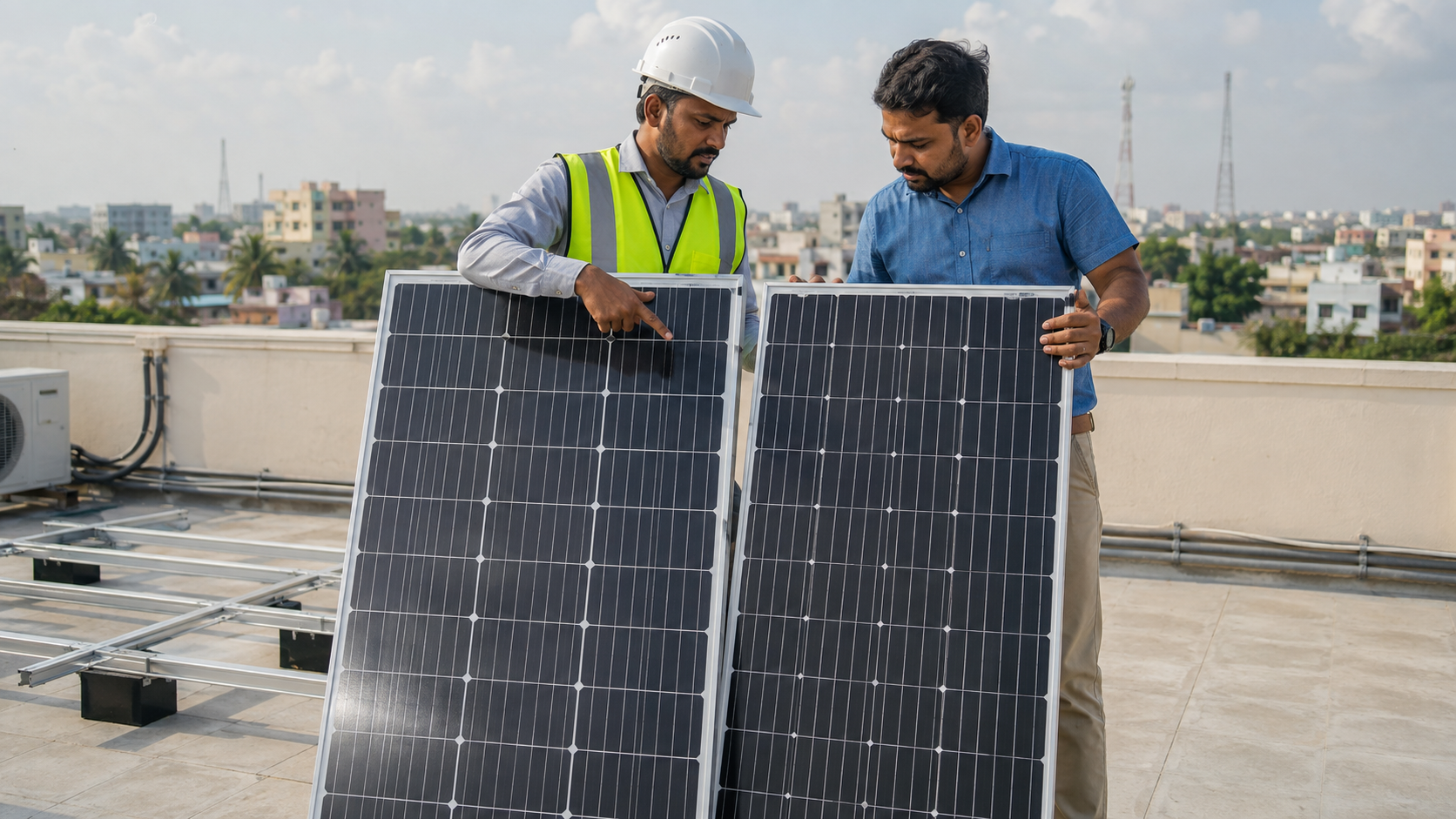 TNPDCL technician inspecting a bidirectional electricity meter for a Chennai rooftop solar system