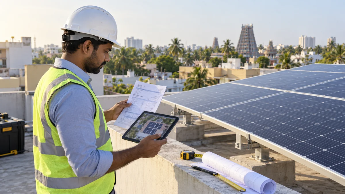 Solar engineer calculating rooftop solar system size using electricity bills and a Chennai roof layout