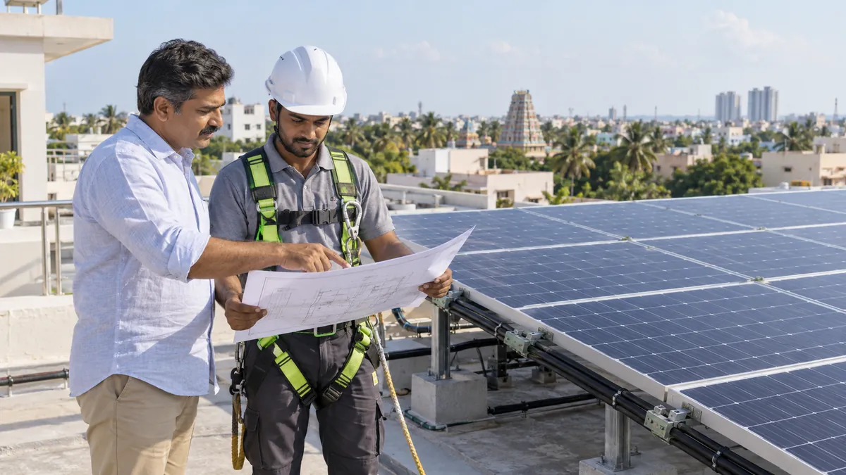 Chennai property owner reviewing a rooftop solar proposal with an experienced solar EPC engineer