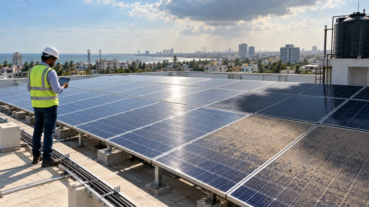 Technician assessing dust, cloud cover and rooftop shade affecting solar panels in Chennai