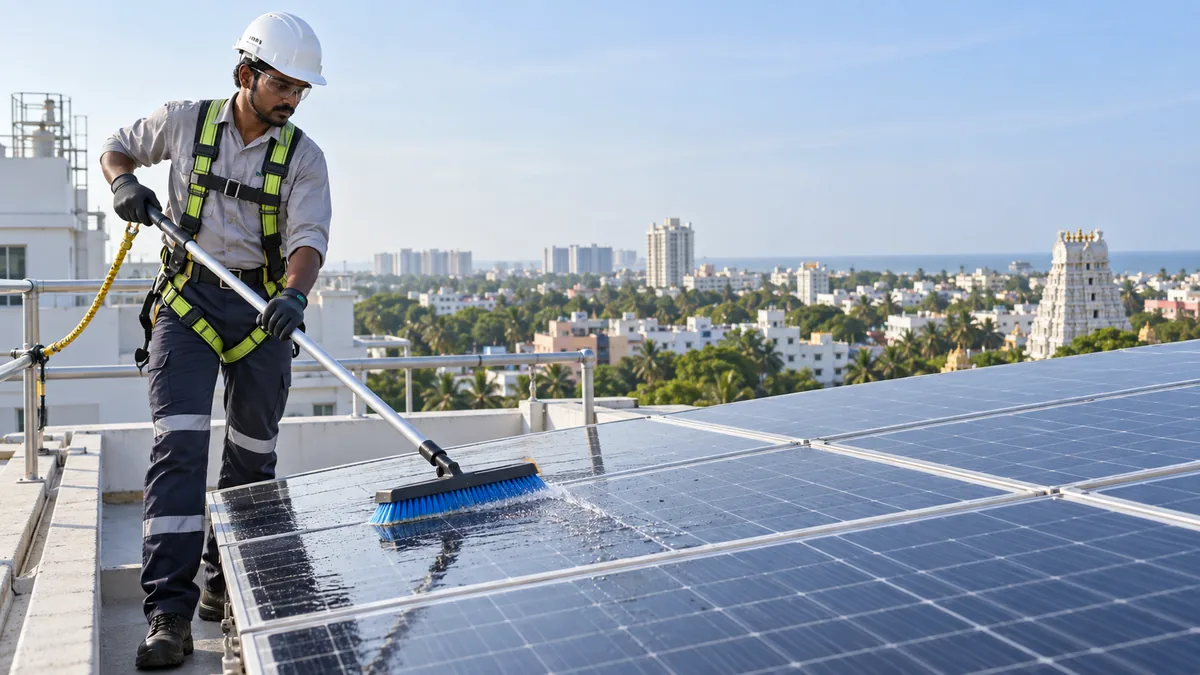 Trained technician safely inspecting and cleaning rooftop solar panels on a Chennai building