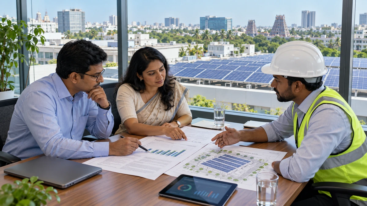 Chennai business team reviewing a solar power purchase agreement with an EPC engineer