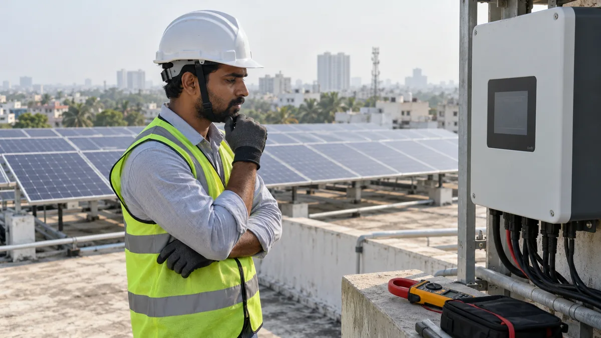 Solar engineer diagnosing low power production from rooftop solar panels using inverter monitoring data