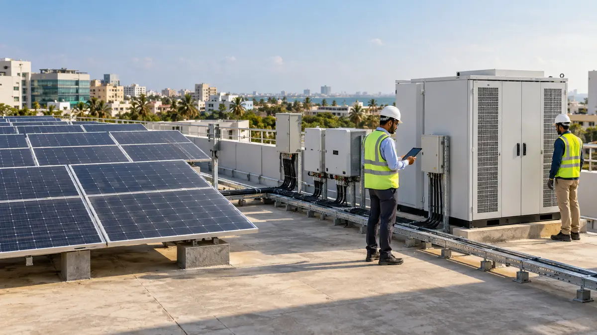 Rooftop solar panels integrated with a battery energy storage system at a Chennai commercial property