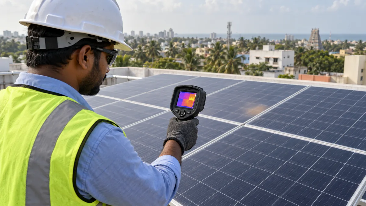 Solar engineer using thermal inspection equipment to investigate efficiency loss on rooftop panels in Chennai